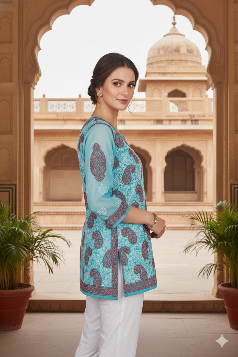 Silakaari Pure Georgette All Over Floral Soft Premium Lucknowi Short Kurti Slip With Pant Set