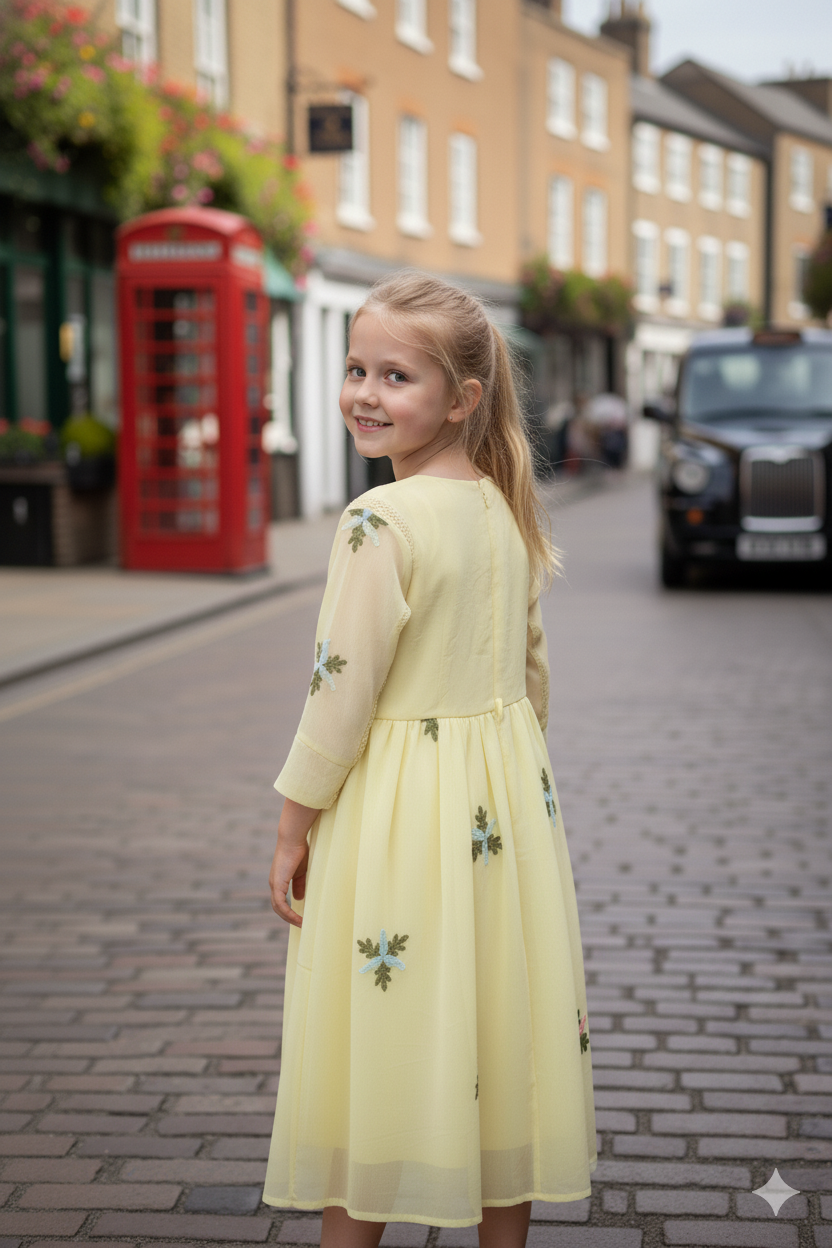 Silakaari Kids yellow Pearl Dress Floral Printed Cinderella Frock For Girls