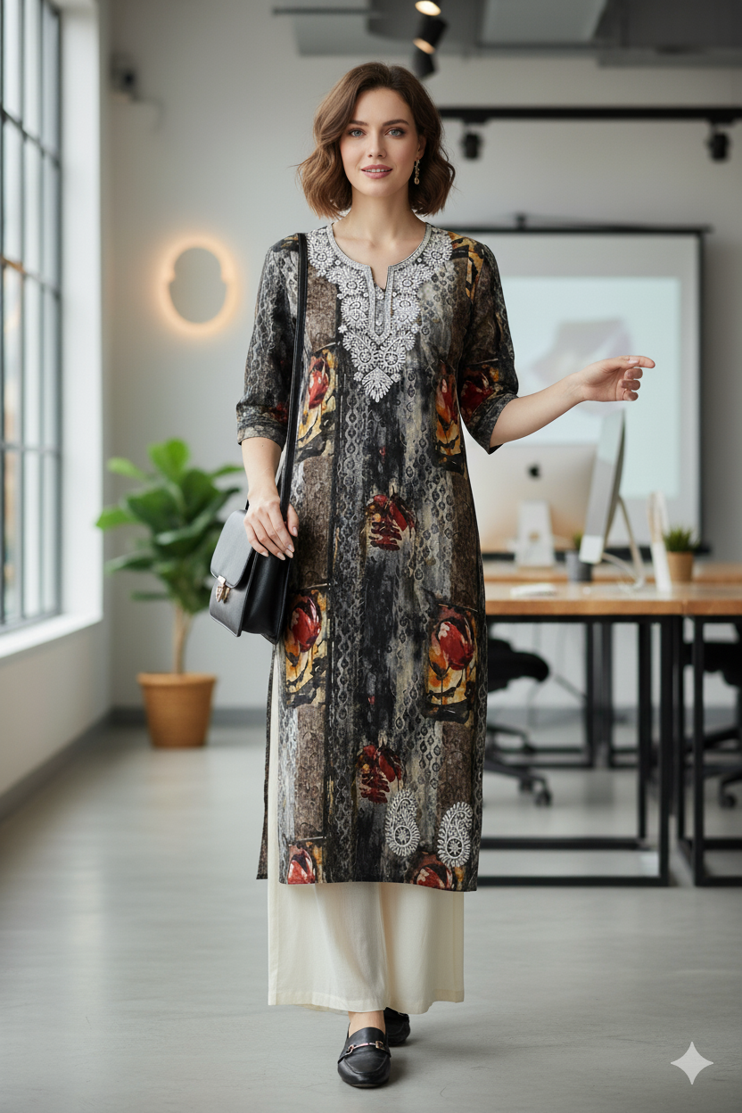 Silakaari Anya Heavy Rayon Mix & Match Black Embroidery Long Kurti