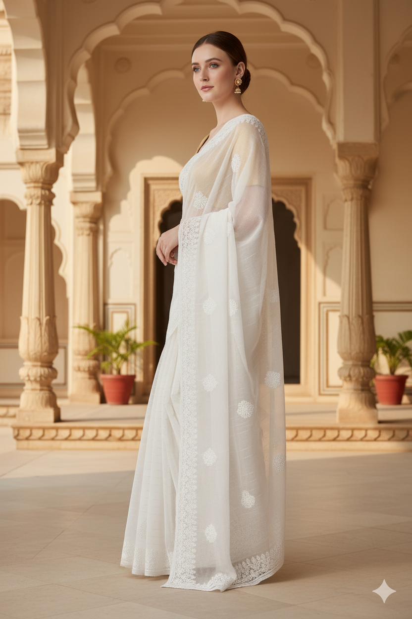 Silakaari Cream-Gold Pure Organza Fine Handwork Lucknowi Premium Saree