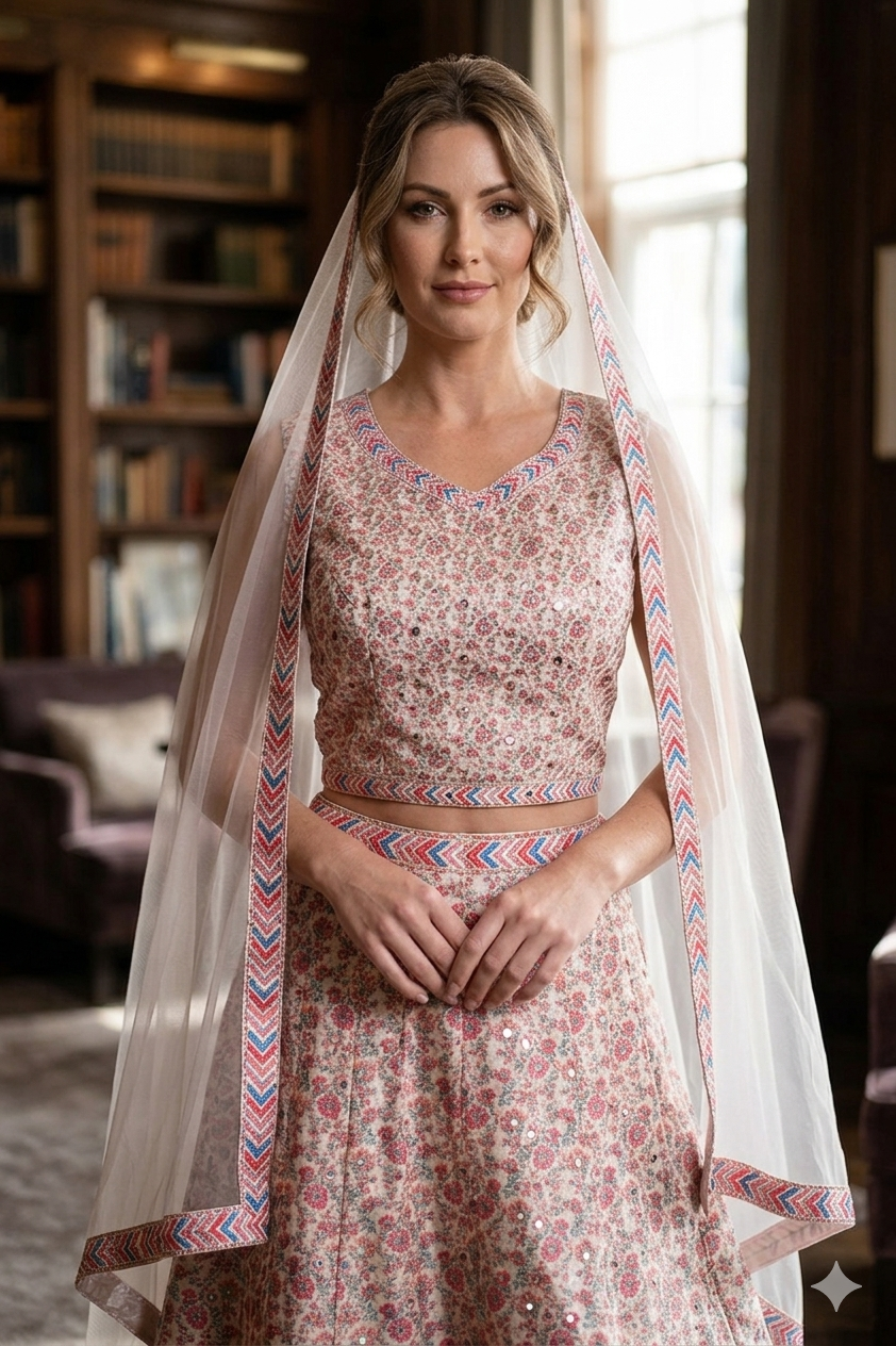 Silakaari Cream-Pink Ada Mirror Sequin Crop Top Fancy Party Wear Lehenga Sharara set