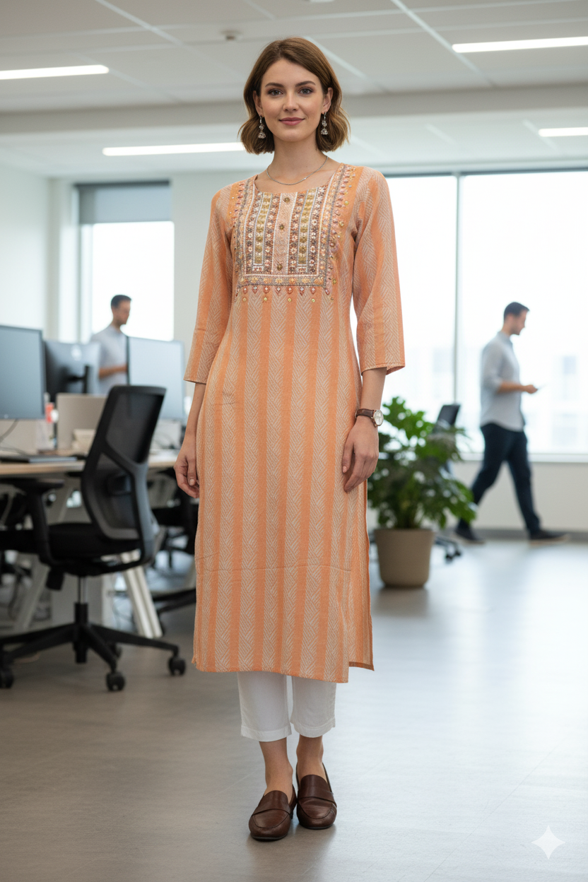 Silakaari Lutfiyah Peach Embroidered Rayon Long Kurti