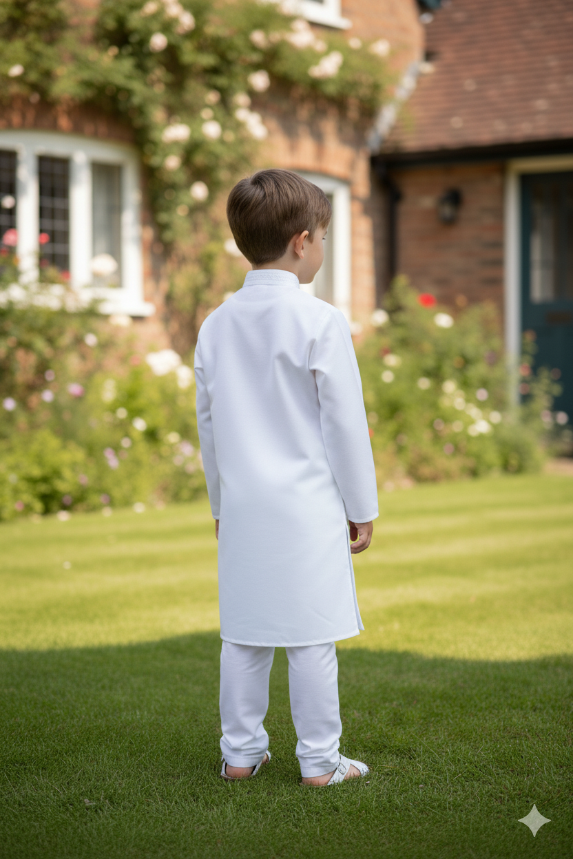 Silakaari Kids White Lucknowi Pure Cotton Kurta Pajama Set For Boys