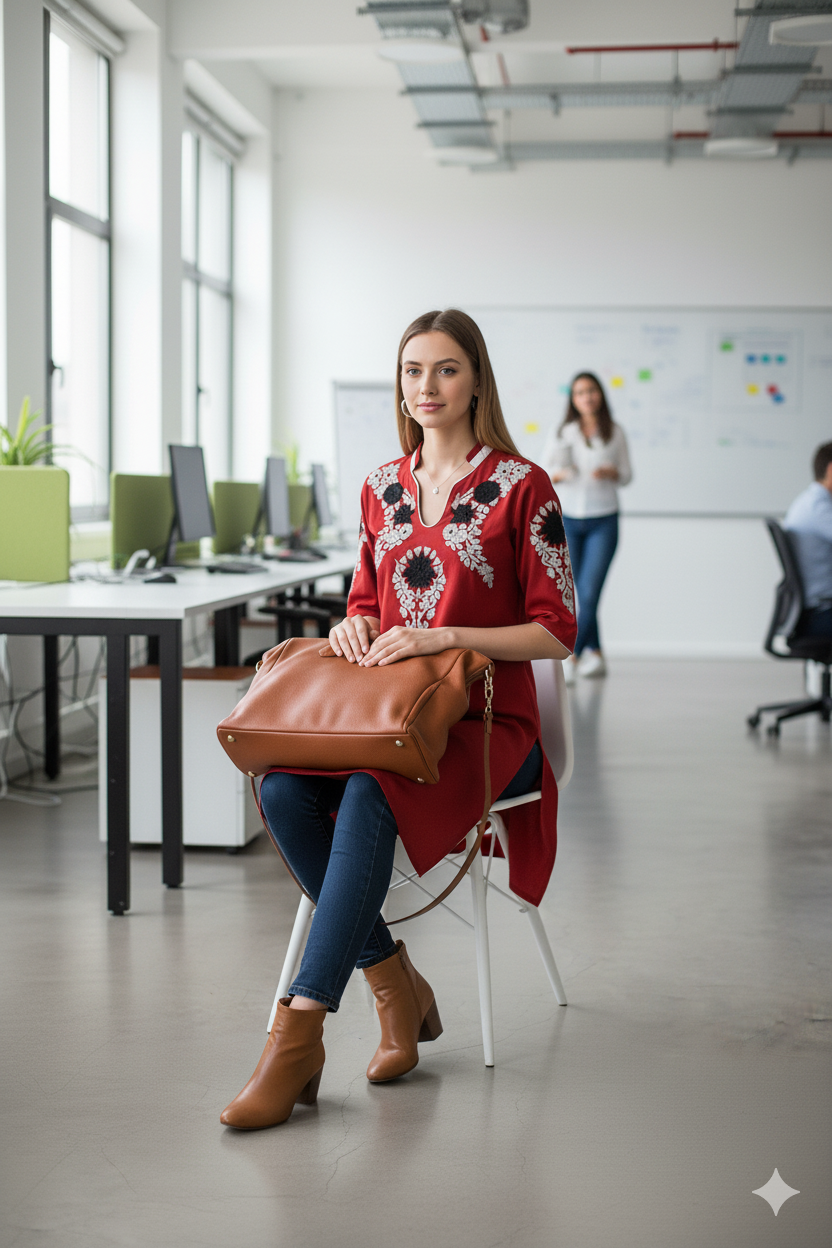 Silakaari Bisma Red Zari Gota Embroidered Rayon Kurti