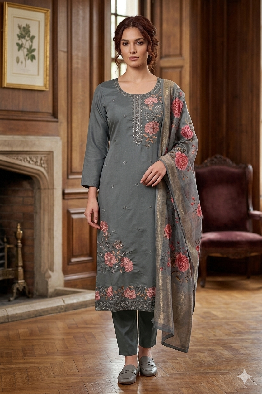 Silakaari Women's Heavy Hand Work Dola Silk Set With Fancy Banarasi Dupatta