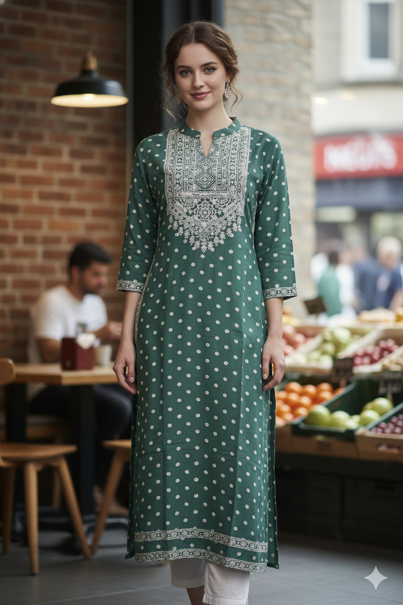 Silakaari Fariha Heavy Green Printed Mirror Work Full Length Aline Kurti