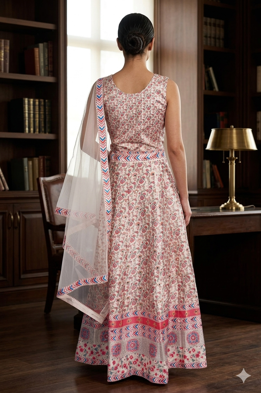 Silakaari Cream-Pink Ada Mirror Sequin Crop Top Fancy Party Wear Lehenga Sharara set