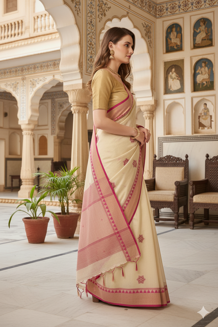 Silakaari Naaz Cream-Magenta Pure Chanderi HandWork Lucknowi Premium Party Wear Saree
