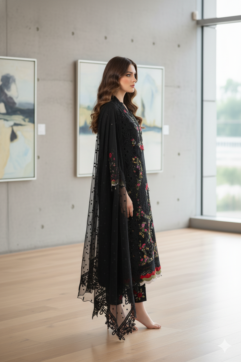 Silakaari Khilwat Pure Black Organza Heavy Embroidery Patch Work  Ready-Made Dress