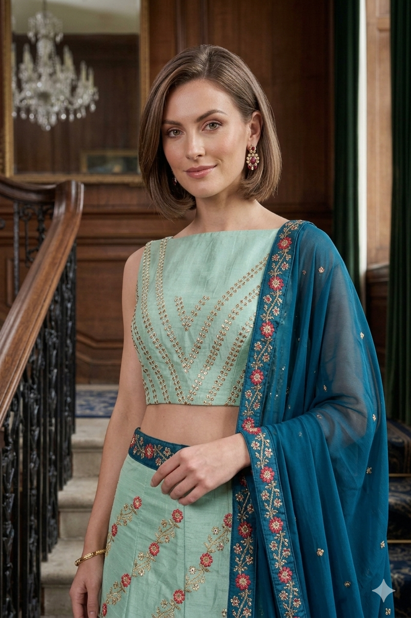 Silakaari Mehdood Teal Green Heavy Embroidery Sequin Border Silk Unstitched Lehenga Set