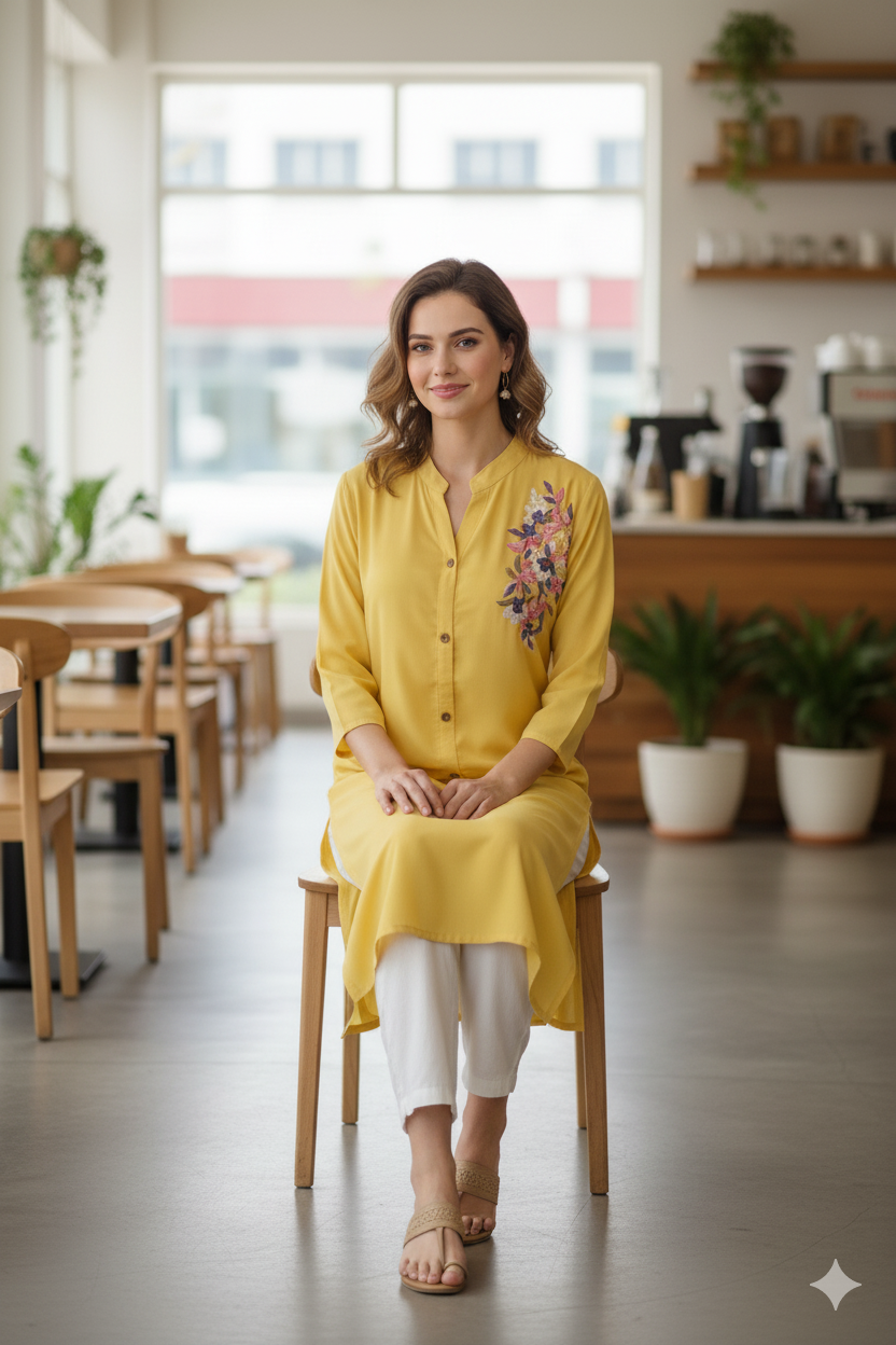 Silakaari Sonia Yellow Rayon Embroidery Long Kurti
