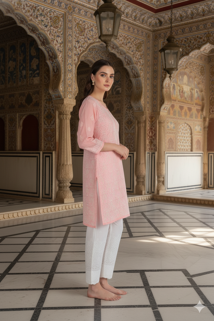 Silakaari Pure Mul Cotton All Over Premium Lucknowi Short Kurti With Pant Set