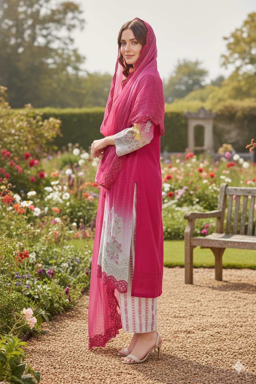 Silakaari Ayaan Magenat Printed Pure Lawn Sequin Patch Work Premium  Ready-Made Dress