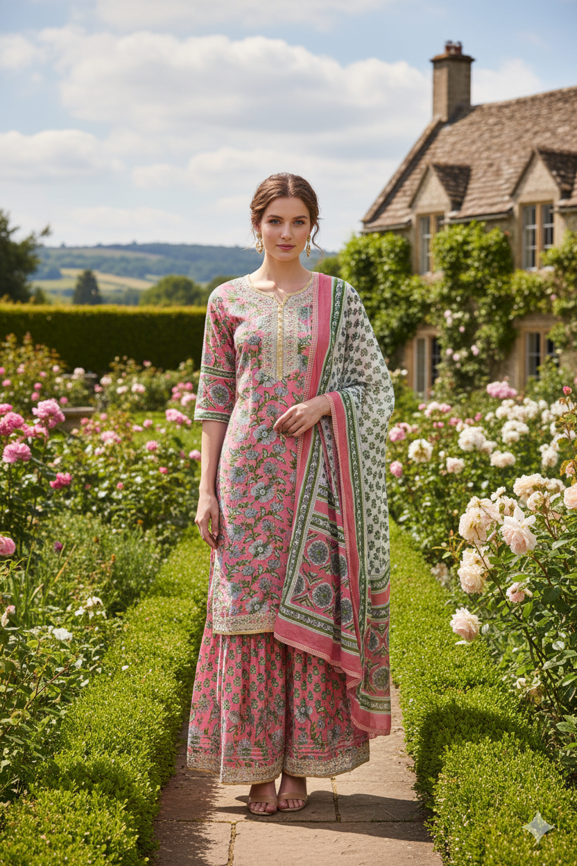 Silakaari Pink Dutch Floral Cotton Gota patti Hand block Short Kurti with Sharara Set