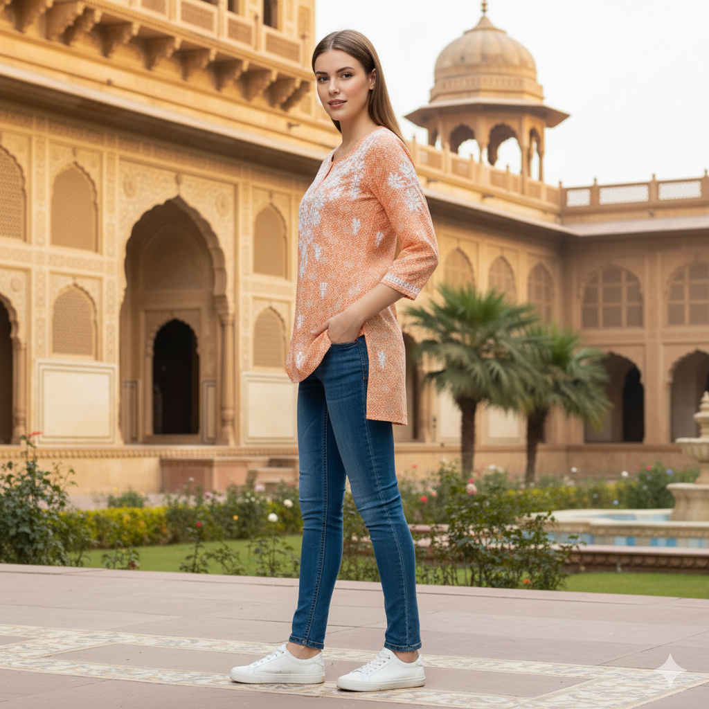 Silakaari Peach Foil Printed Lucknowi Straight Short Kurti With Pant Set