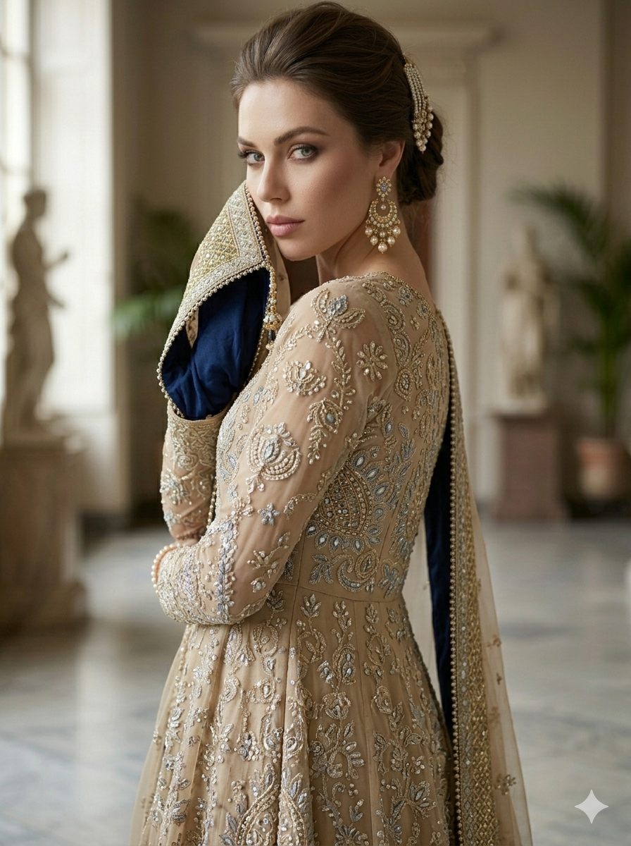Silakaari Musheera Beige Heavy Sequins & Thread Work Embroidered Kurta Palazzo Set with Net Dupatta