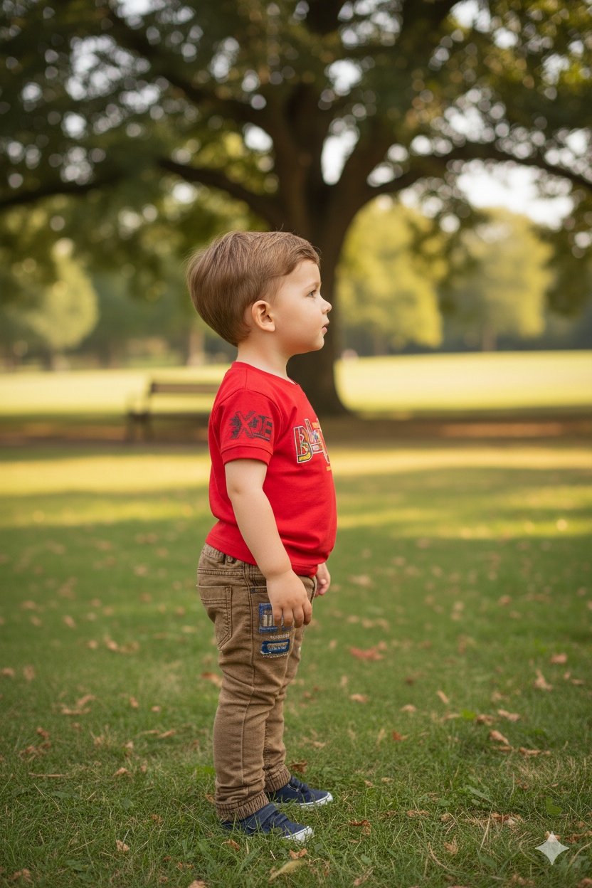 Silakaari Brick Red T-Shirt With Beige Denim Jeans Set For Boys