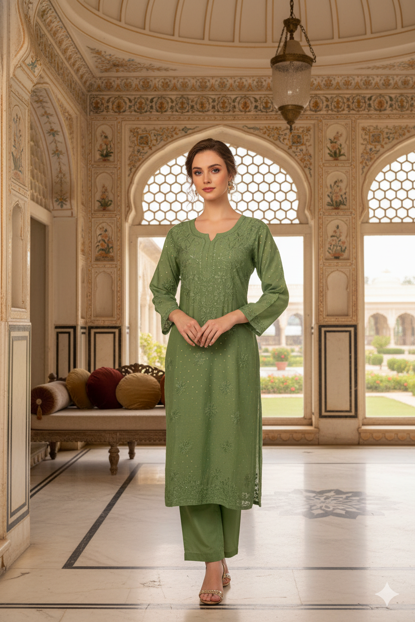 Silakaari Women's Pure Chanderi Golden Dots Kurti Palazzo Premium Lucknowi Set