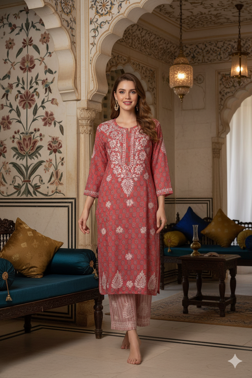 Silakaari Women's Pure Cotton Printed Lucknowi Kurti Pant Premium Set