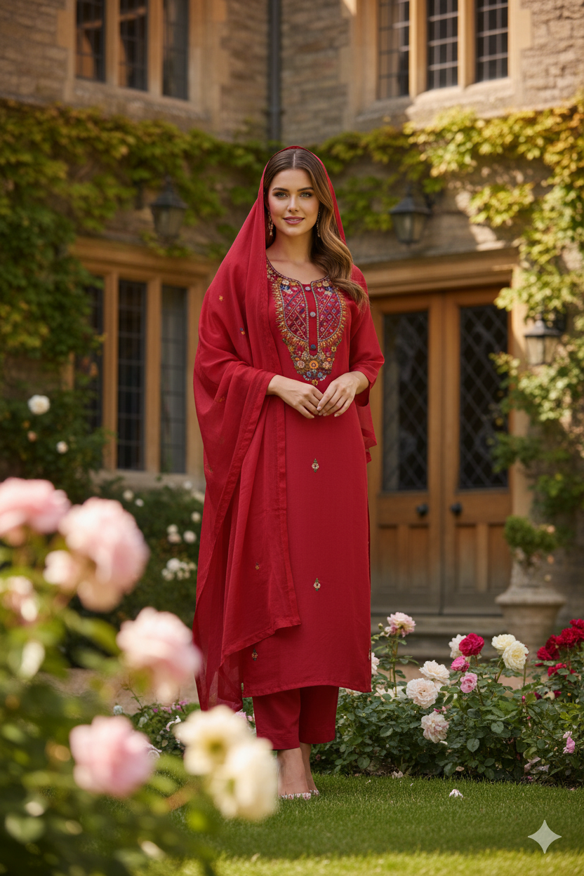 Silakaari Women's Silk Heavy Neckline Theard Moti Floral Embroidered Kurti Pant Dupatta Set