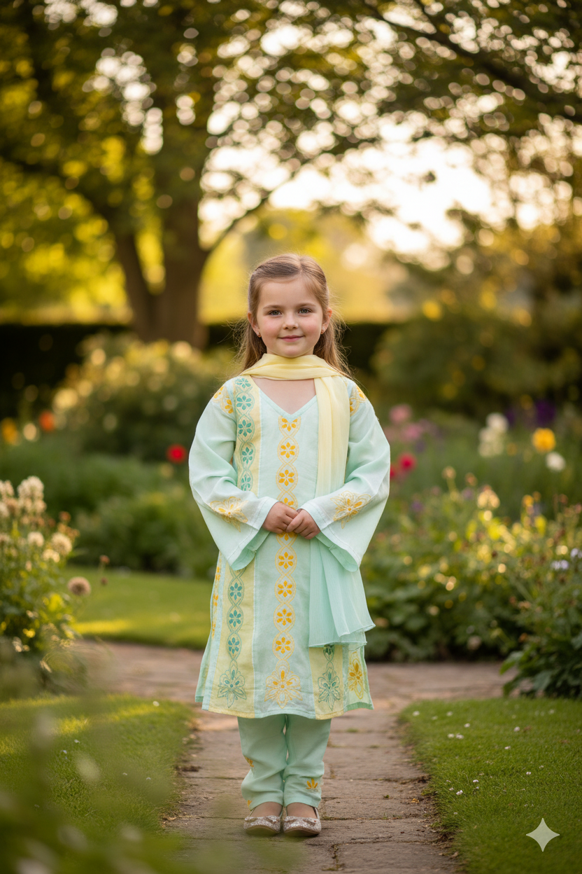 Silakaari Sadaf Green-Yellow Pure Cotton Lucknowi ChikanKari Anarkali Kurti Pant With Dupatta Set For Girls