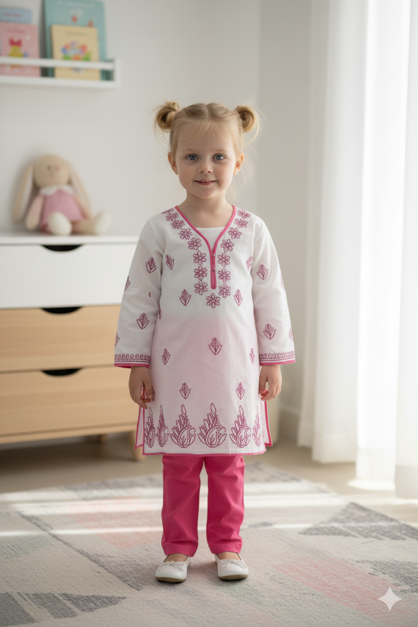 Silakaari Kids Pure Cotton Floral Chikan Lucknowi Kurta Pajama Set For Girls