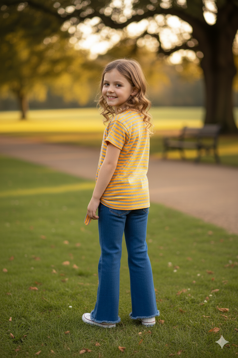 Silakaari Lara Mustard Striped T-Shirt With Bear Printed Denim Jeans Set For Girls