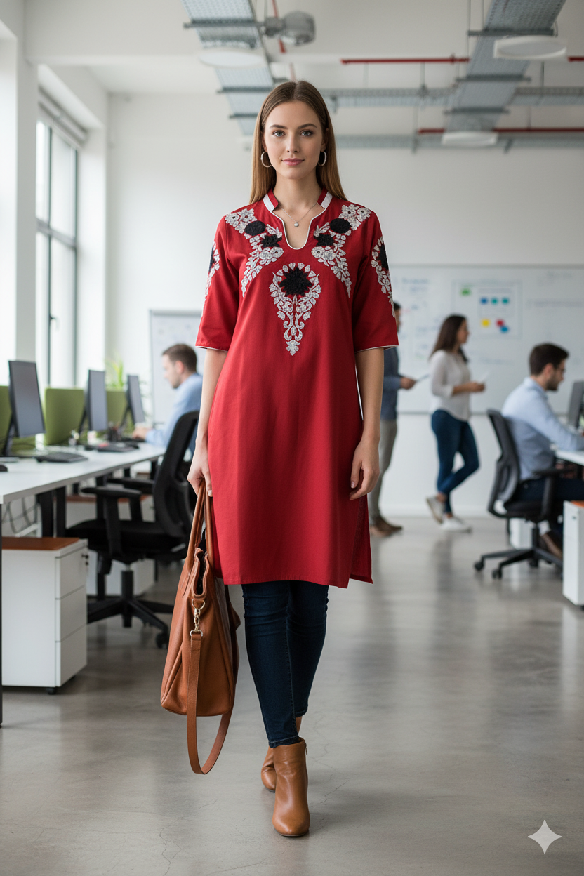 Silakaari Bisma Red Zari Gota Embroidered Rayon Kurti