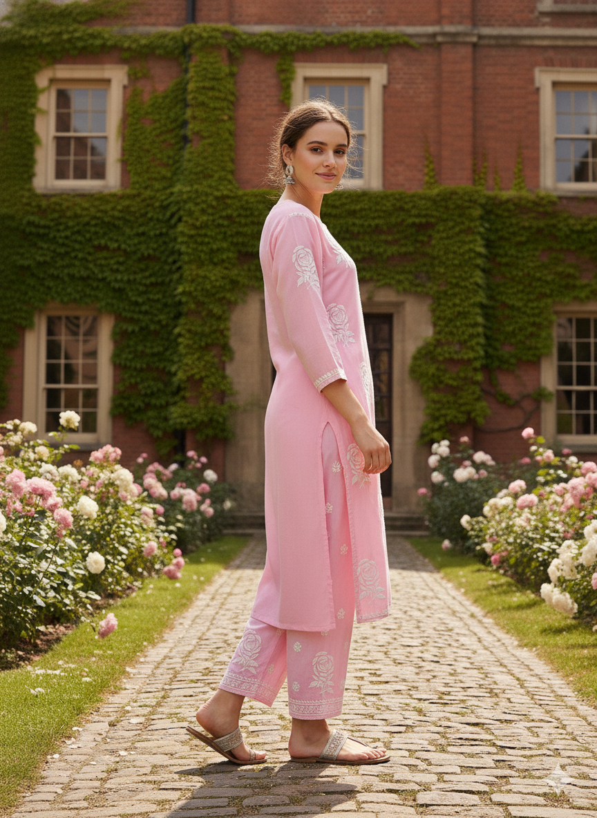 Silakaari Women's Baby Pink Modal Lucknowi Kurti Palazzo Set