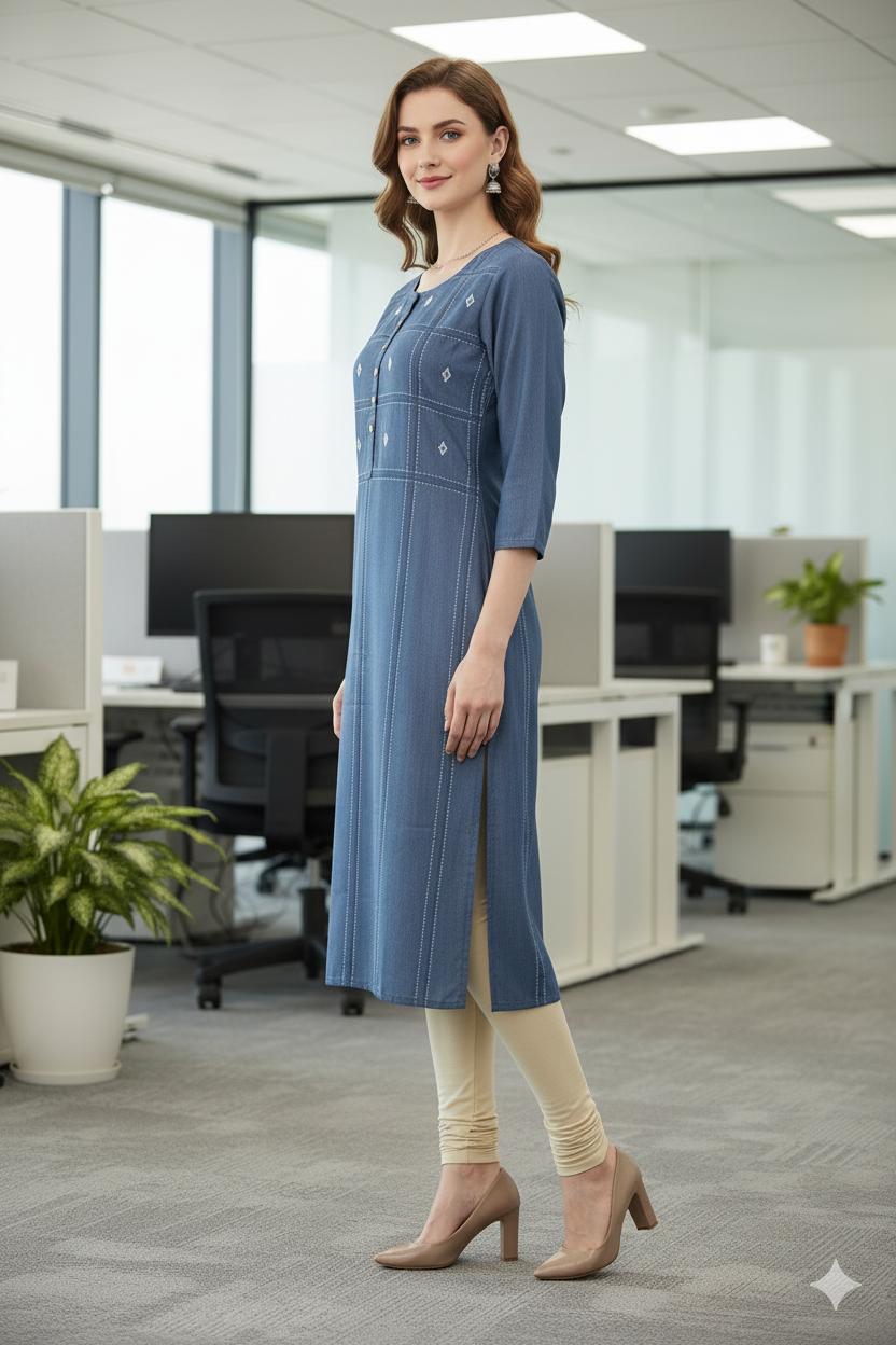 Silakaari Noora Printed Button Stylish Soft Denim Long Kurti