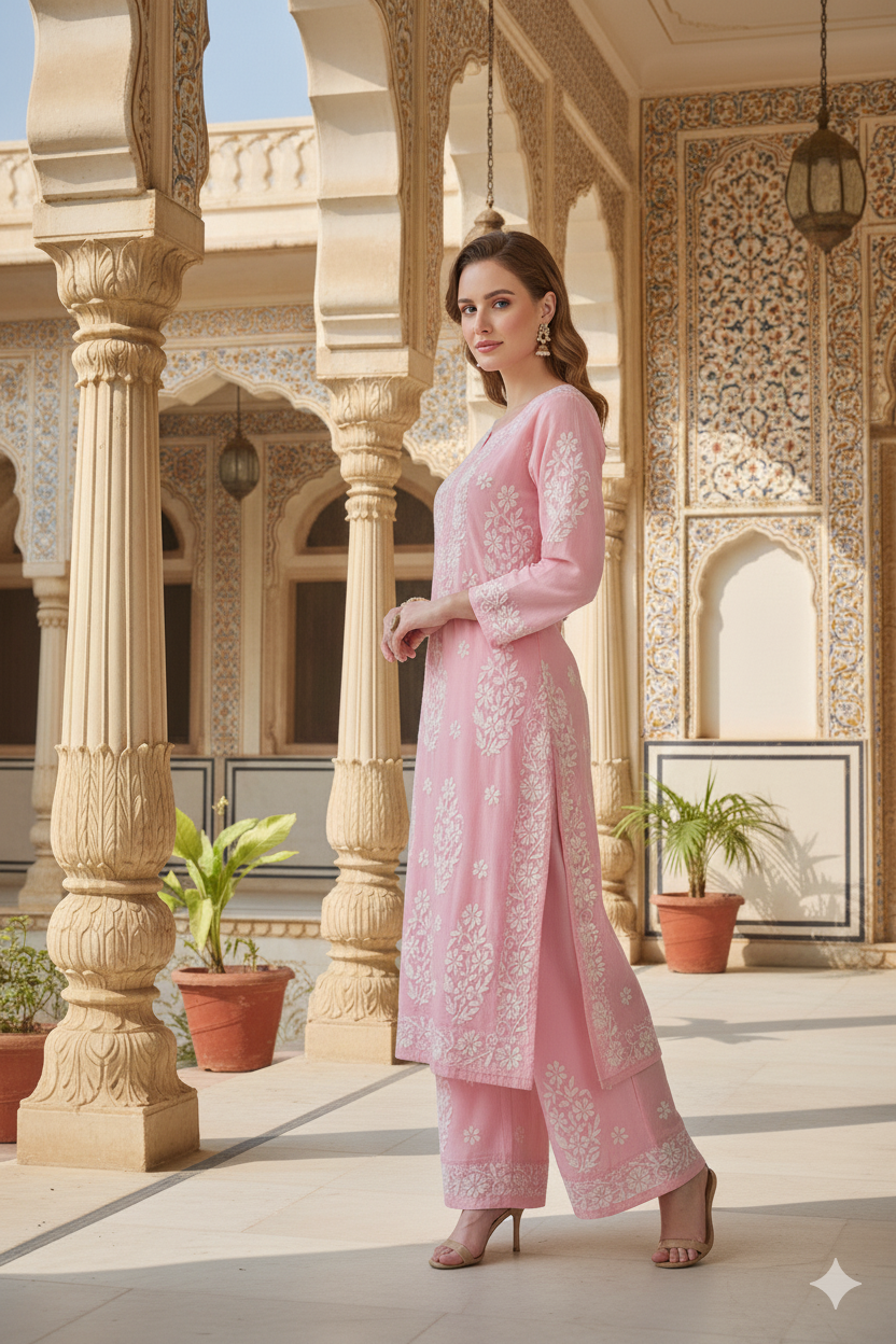 Silakaari Women's Pure Modal Lucknowi Premium Kurti Palazzo Set