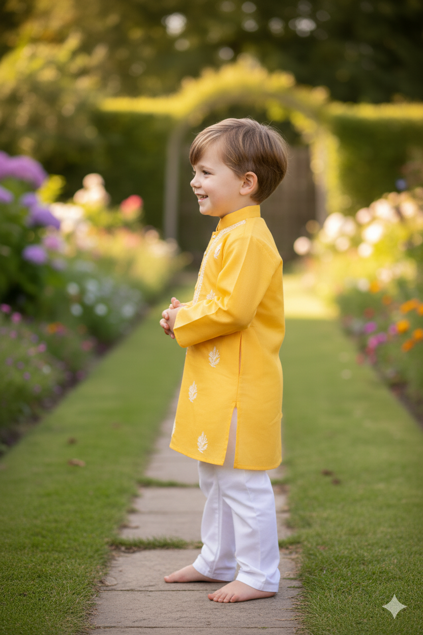 Silakaari Krrish Yellow-White Pure Lucknowi Chikankari Kurta Pyjama Set For Boys