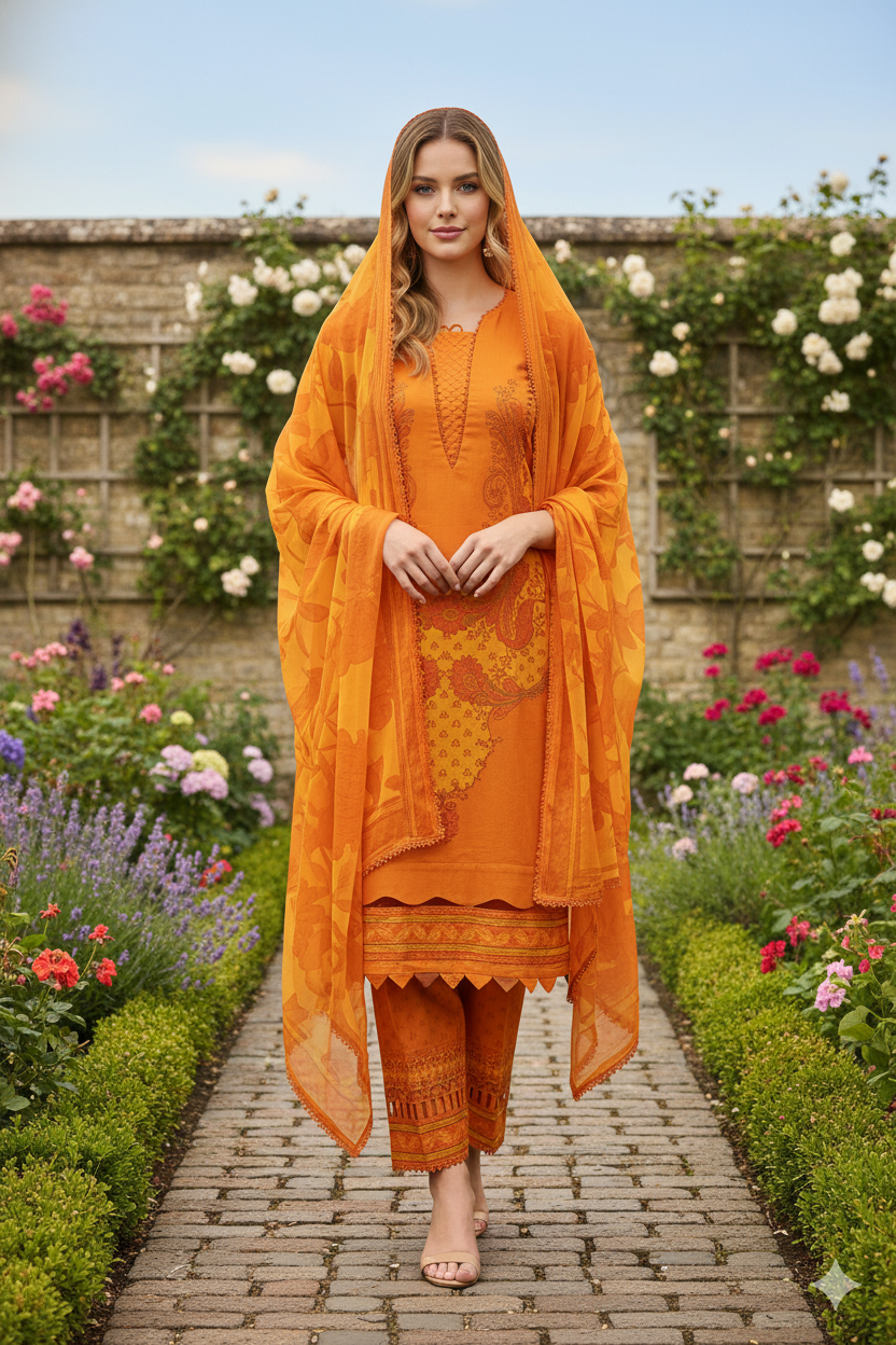 Silakaari Dhun Orange Pure Lawn Printed Lacy Embroidery  Ready-Made Dress