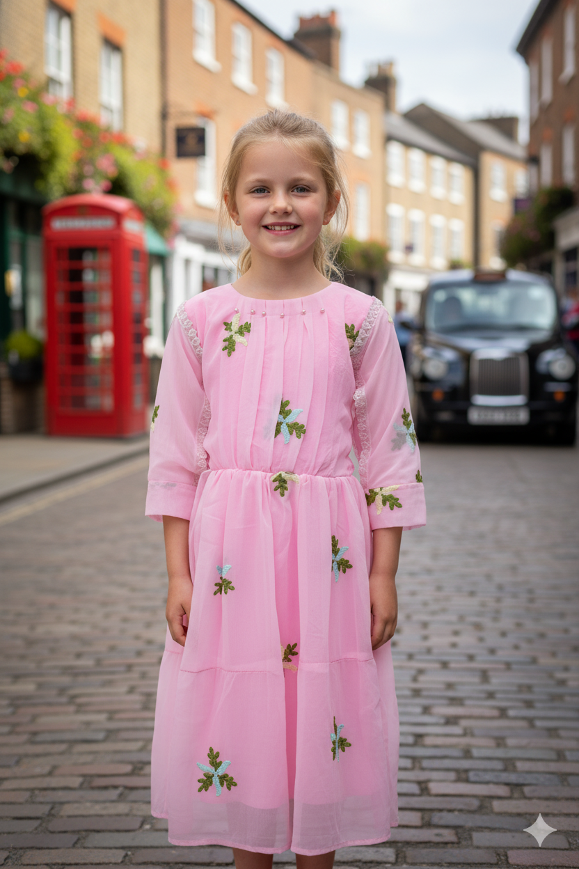 Silakaari Kids Pink Pearl Dress Floral Printed Cinderella Frock For Girls