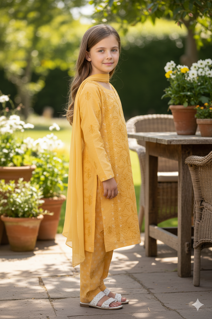 Silakaari Pari Beige-White Pure Cotton Lucknowi ChikanKari Kurti Pant With Dupatta Set For Girls