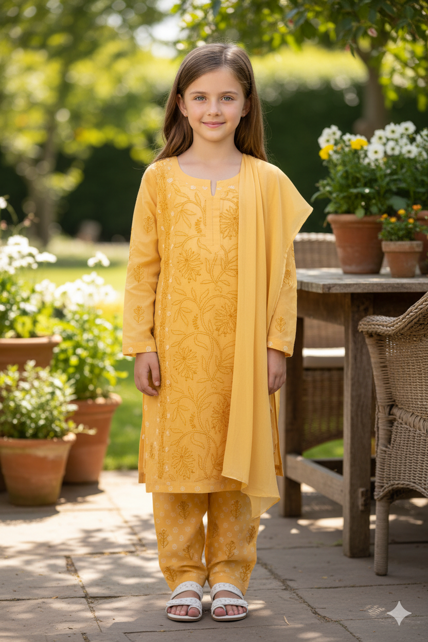 Silakaari Pari Beige-White Pure Cotton Lucknowi ChikanKari Kurti Pant With Dupatta Set For Girls