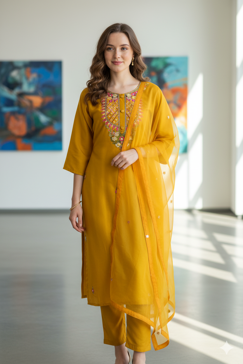 Silakaari Women's Silk Heavy Neckline Theard Moti Floral Embroidered Kurti Pant Dupatta Set