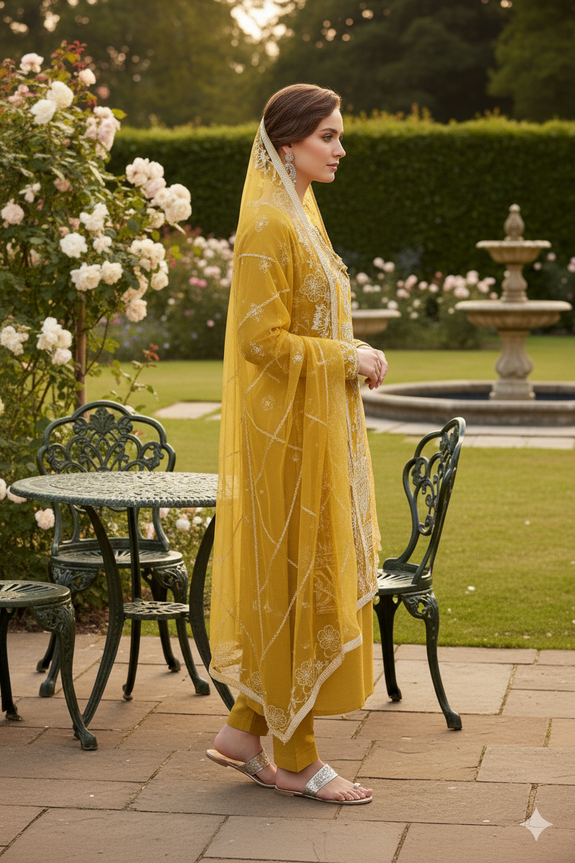 Silakaari Umeed Mustard-White Pure Organza Heavy Embroidery Patch Premium Unstitched  Suits