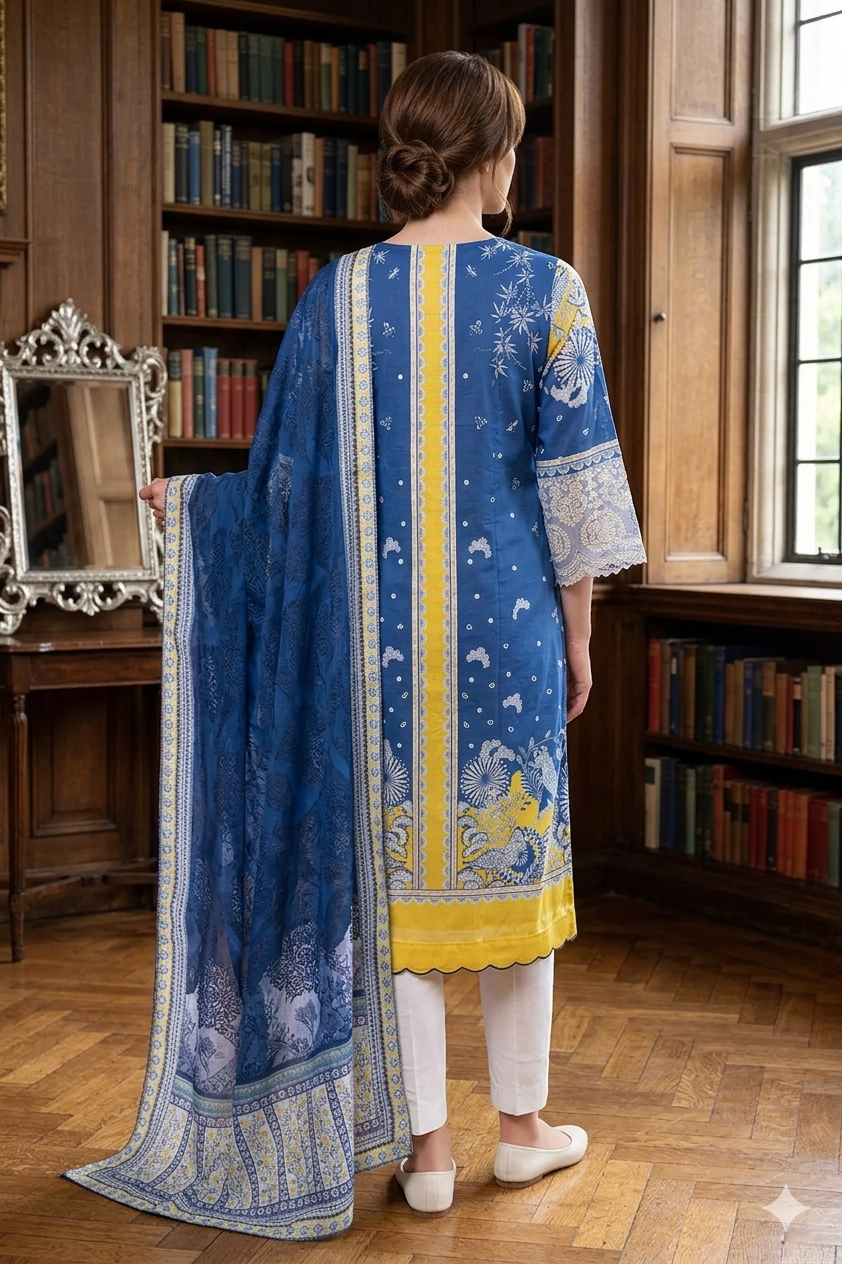 Silakaari Zebunnisa Pure Lawn Blue-Yellow Front Panel Super Lawn kalamkar Pakistani Ready-Made Dress