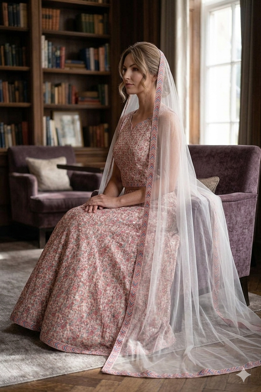 Silakaari Cream-Pink Ada Mirror Sequin Crop Top Fancy Party Wear Lehenga Sharara set