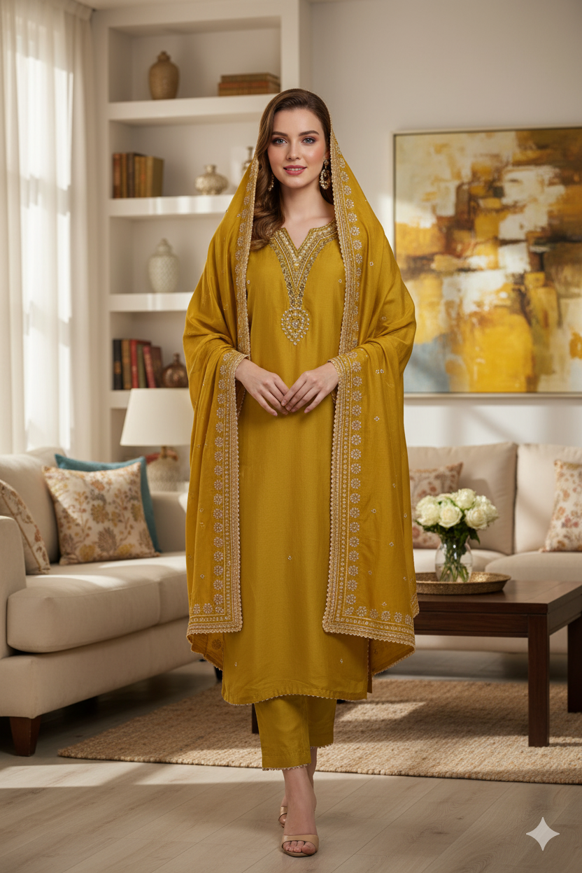 Silakaari Women's V Style Pearl Heavy Embroidered Pure Dola Silk Kurti Pant Dupatta Set