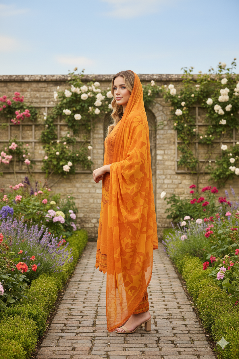 Silakaari Dhun Orange Pure Lawn Printed Lacy Embroidery  Ready-Made Dress