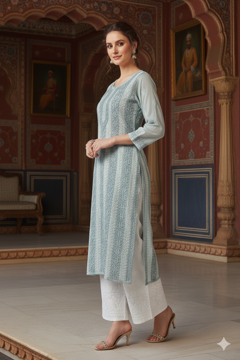 Silakaari Women's Pure Cotton All Over Panel Neck Point Premium Long Kurti Palazzo Set