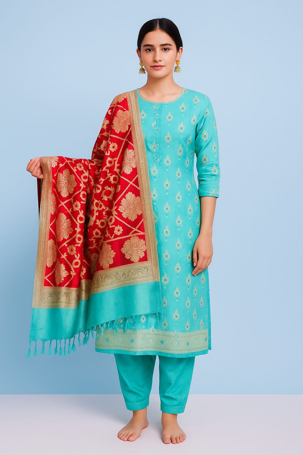 Silakaari Women's Green-Red Heavy Zari Banarasi Work Unstitched Dress Material