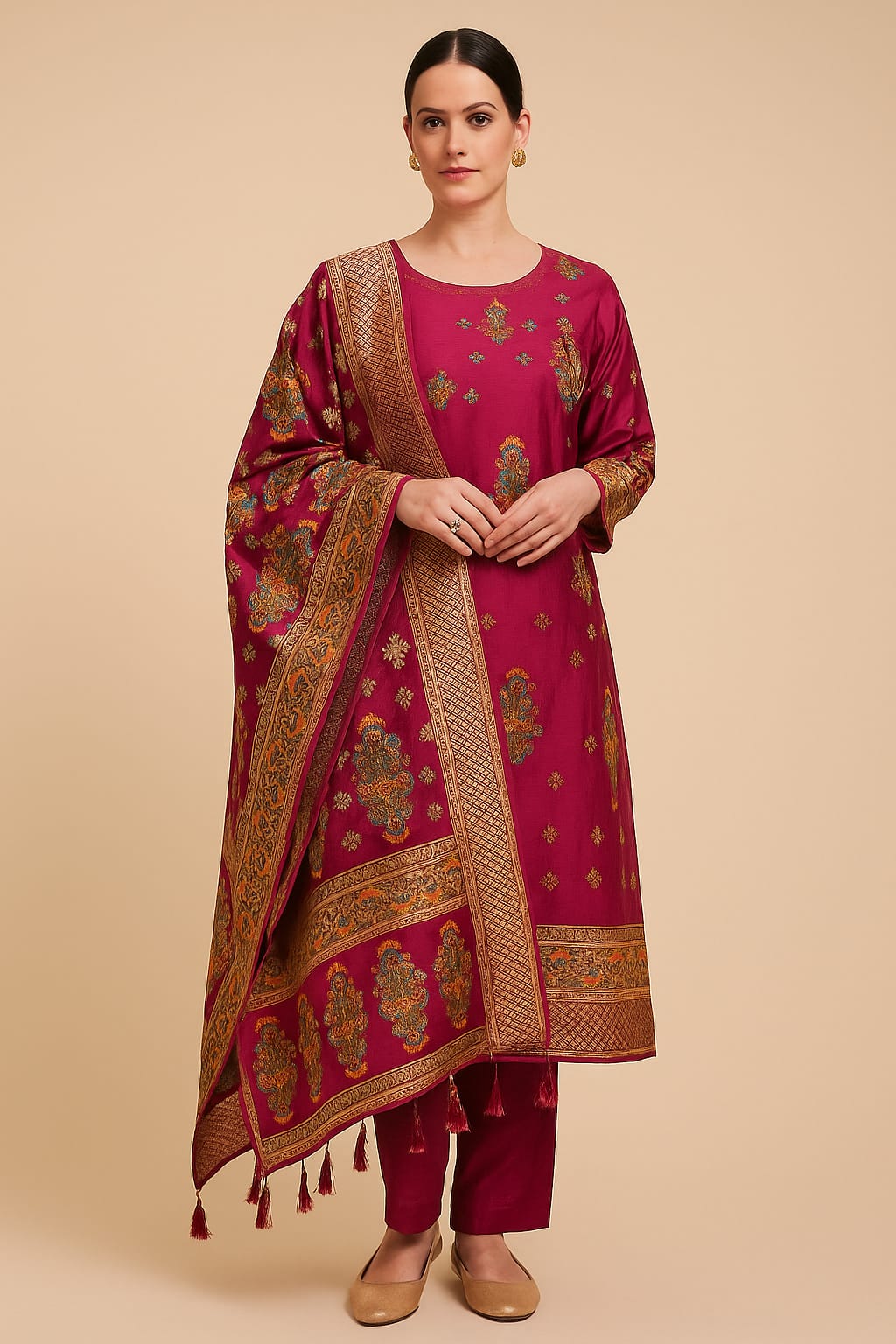 Silakaari Women's Maroon Zari Work Designer Banarasi Unstitched Dress Material