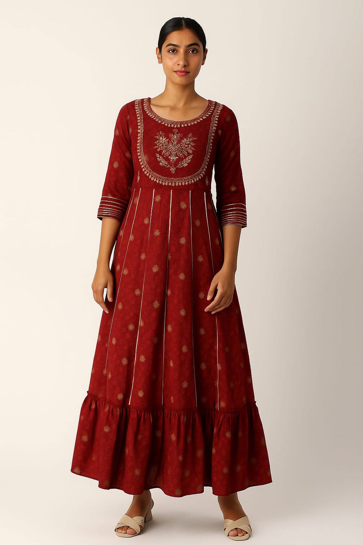 Silakaari Ezzah Red Cotton Foil Printed Full Length Anarkali