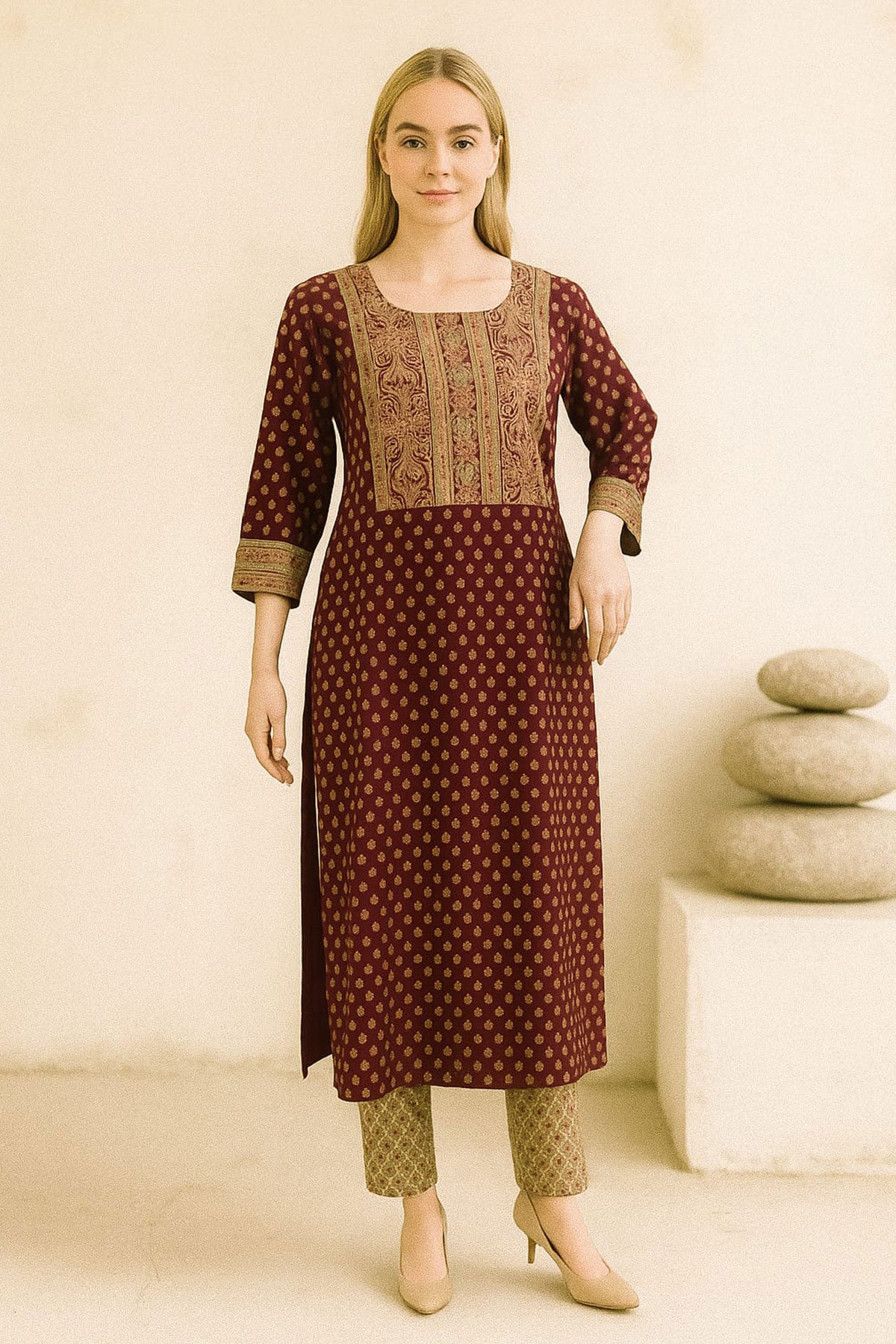 Silakaari Maleeka Maroon Foil Printed Rayon Long Kurti