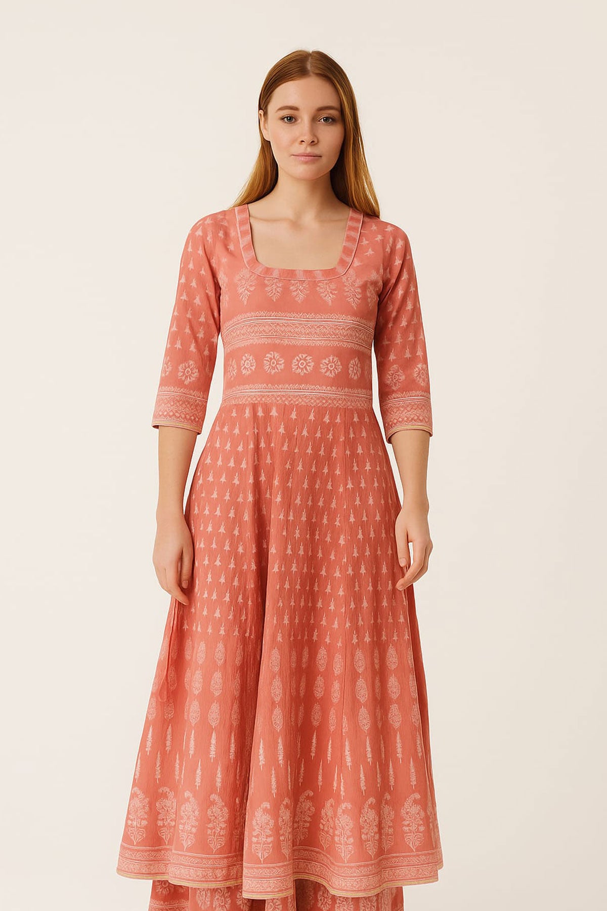 Silakaari Naima Peach Printed Floor Length Anarkali With Gotta Lining