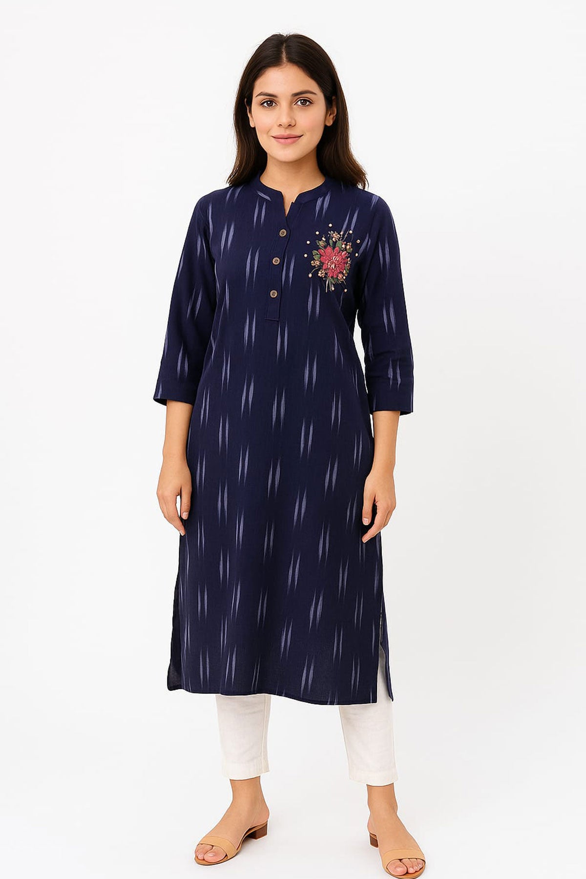 Silakaari Yalina Navy Blue Printed Hand Embroidery Long Kurti