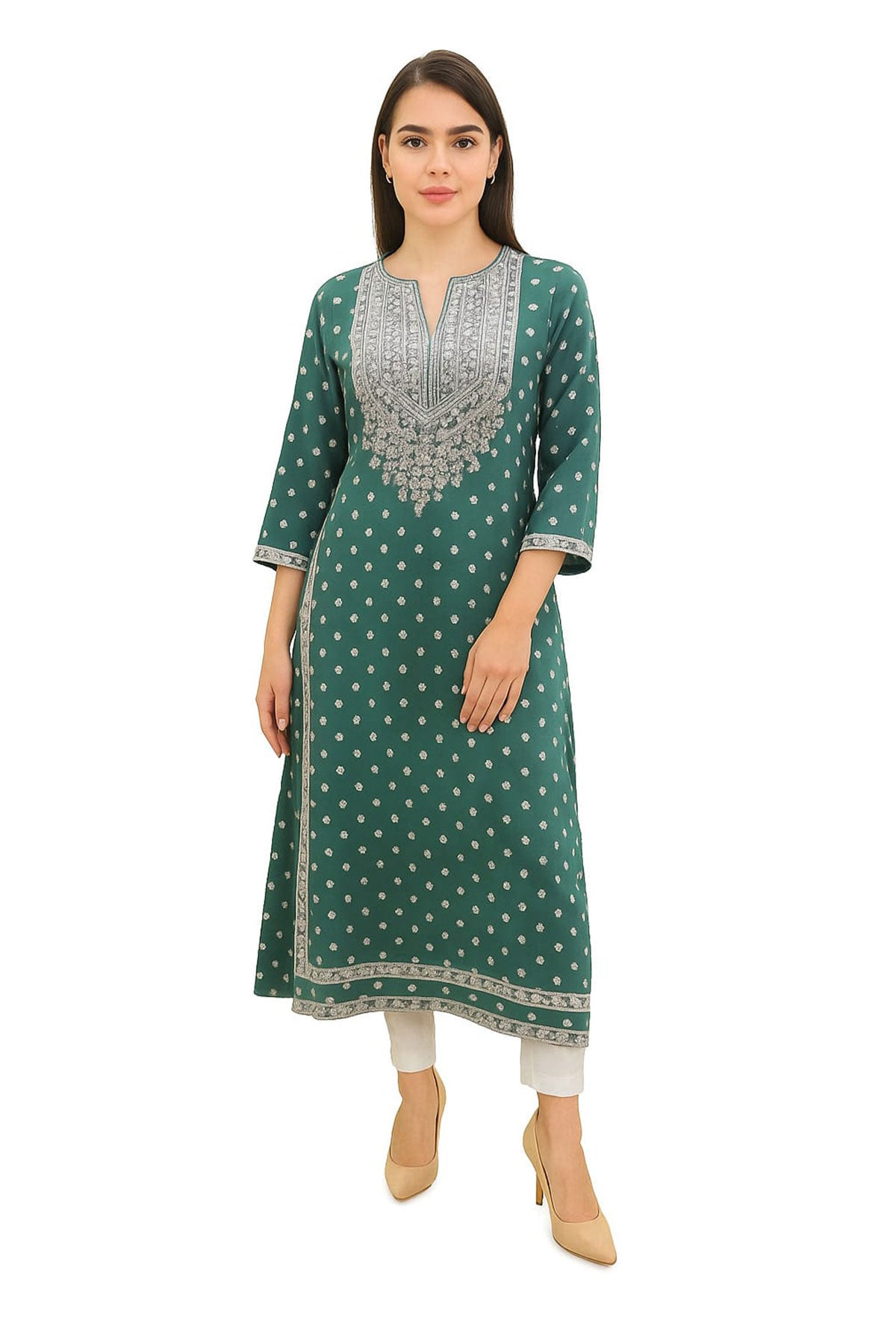 Silakaari Fariha Heavy Green Printed Mirror Work Full Length Aline Kurti